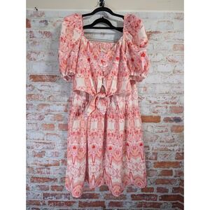 Her Bottari 2 Piece Skirt Set Womens Large Pink Red Paisley Puff Sleeve Boho